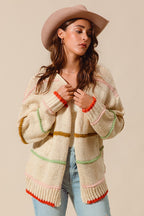 SO ME Oversized Knit Cardigan Stripe Open Long Sleeve Loose Sweater Top