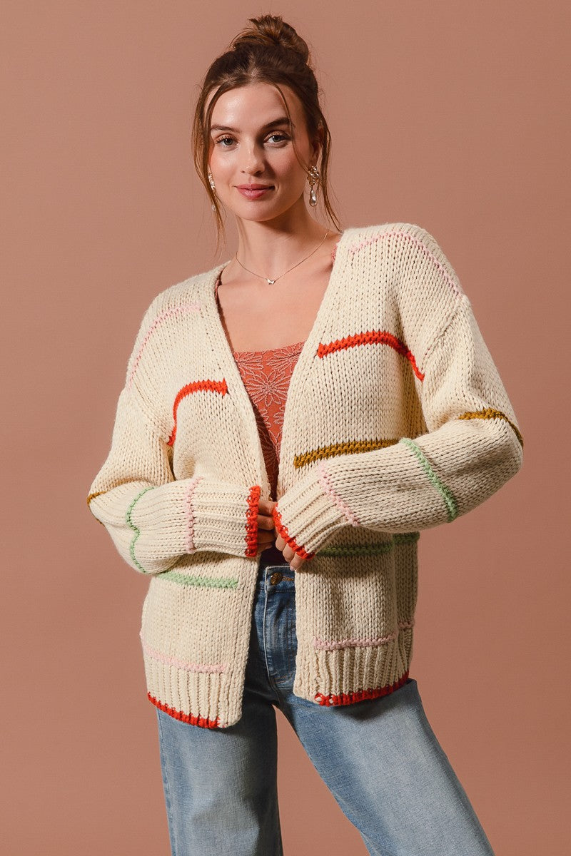 SO ME Oversized Knit Cardigan Stripe Open Long Sleeve Loose Sweater Top