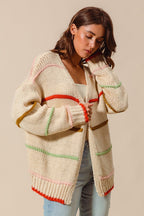 SO ME Oversized Knit Cardigan Stripe Open Long Sleeve Loose Sweater Top