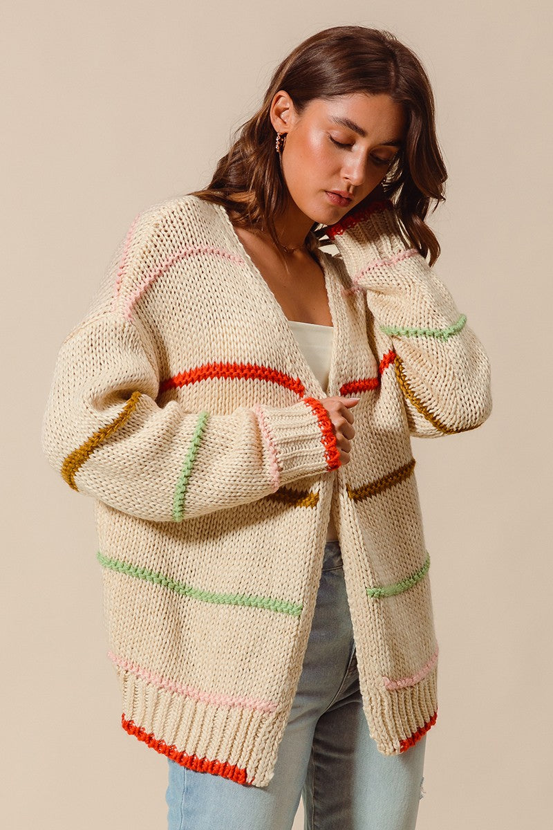 SO ME Oversized Knit Cardigan Stripe Open Long Sleeve Loose Sweater Top