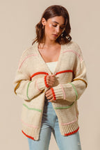 SO ME Oversized Knit Cardigan Stripe Open Long Sleeve Loose Sweater Top