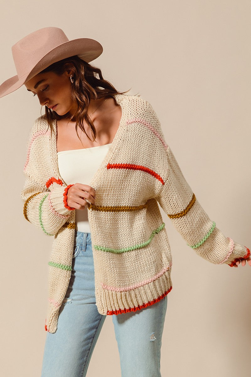 SO ME Oversized Knit Cardigan Stripe Open Long Sleeve Loose Sweater Top