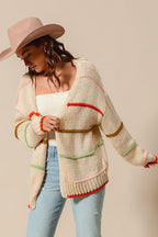 SO ME Oversized Knit Cardigan Stripe Open Long Sleeve Loose Sweater Top
