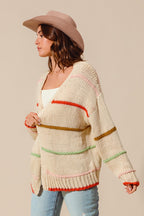 SO ME Oversized Knit Cardigan Stripe Open Long Sleeve Loose Sweater Top