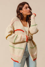 SO ME Oversized Knit Cardigan Stripe Open Long Sleeve Loose Sweater Top