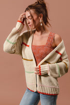 SO ME Oversized Knit Cardigan Stripe Open Long Sleeve Loose Sweater Top
