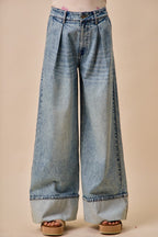SO ME Wid Leg Denim Jean Casual Pleated Mid Rise Plate Casual Loose Pants