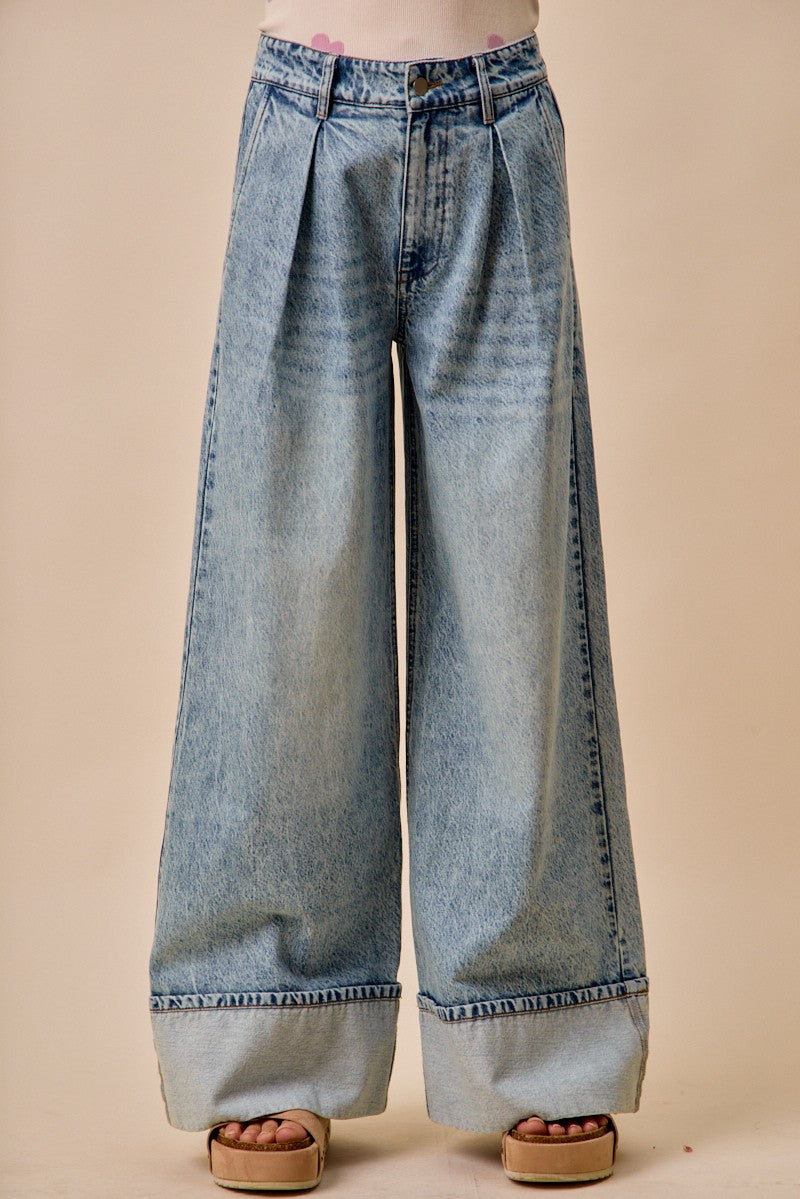 SO ME Wid Leg Denim Jean Casual Pleated Mid Rise Plate Casual Loose Pants