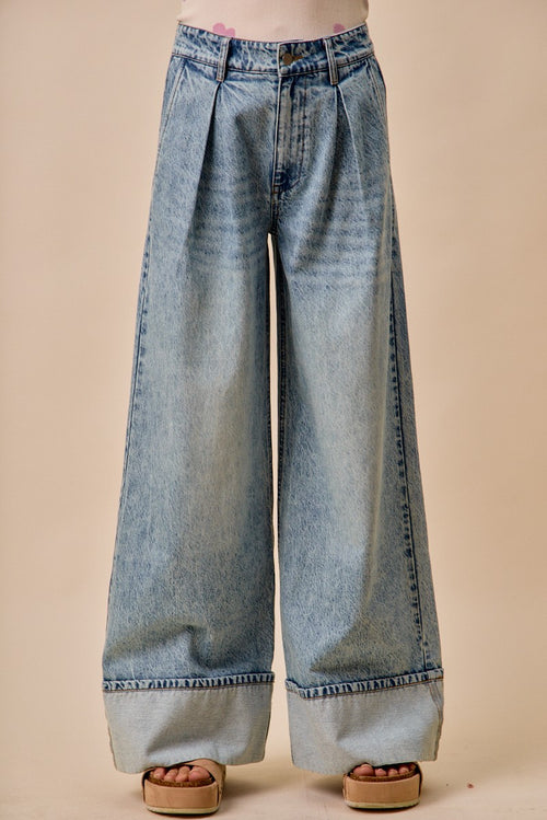 SO ME Wid Leg Denim Jean Casual Pleated Mid Rise Plate Casual Loose Pants
