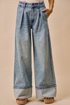 SO ME Wid Leg Denim Jean Casual Pleated Mid Rise Plate Casual Loose Pants