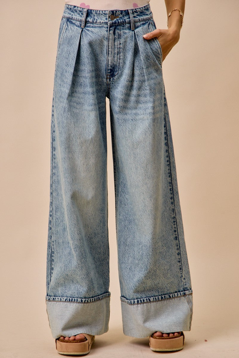 SO ME Wid Leg Denim Jean Casual Pleated Mid Rise Plate Casual Loose Pants