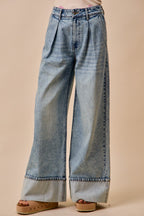 SO ME Wid Leg Denim Jean Casual Pleated Mid Rise Plate Casual Loose Pants