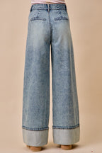 SO ME Wid Leg Denim Jean Casual Pleated Mid Rise Plate Casual Loose Pants