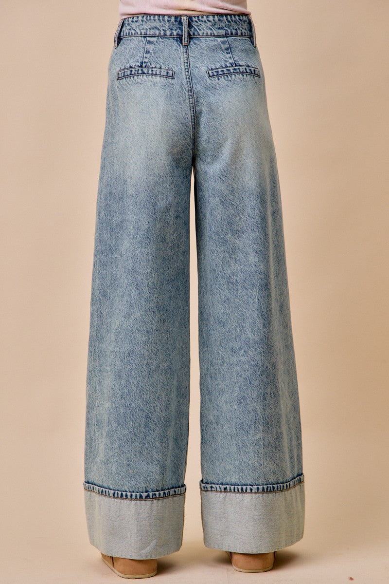 SO ME Wid Leg Denim Jean Casual Pleated Mid Rise Plate Casual Loose Pants