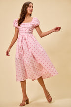 SO ME Midi Dress Polka Dot Cotton Pink Pleated Bust Ruffle Short Sleeves
