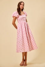 SO ME Midi Dress Polka Dot Cotton Pink Pleated Bust Ruffle Short Sleeves
