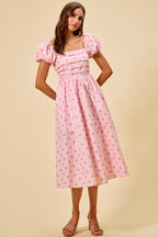 SO ME Midi Dress Polka Dot Cotton Pink Pleated Bust Ruffle Short Sleeves