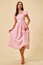 SO ME Midi Dress Polka Dot Cotton Pink Pleated Bust Ruffle Short Sleeves