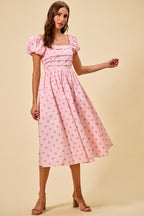 SO ME Midi Dress Polka Dot Cotton Pink Pleated Bust Ruffle Short Sleeves