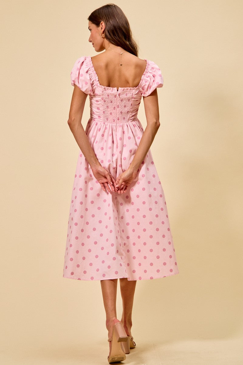 SO ME Midi Dress Polka Dot Cotton Pink Pleated Bust Ruffle Short Sleeves