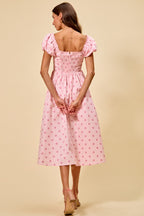 SO ME Midi Dress Polka Dot Cotton Pink Pleated Bust Ruffle Short Sleeves