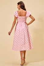 SO ME Midi Dress Polka Dot Cotton Pink Pleated Bust Ruffle Short Sleeves