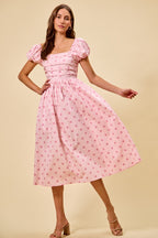 SO ME Midi Dress Polka Dot Cotton Pink Pleated Bust Ruffle Short Sleeves