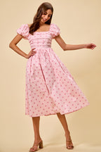 SO ME Midi Dress Polka Dot Cotton Pink Pleated Bust Ruffle Short Sleeves