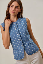 SO ME Polka Dot Jeans Weste Ärmellos Rundhals Knopf Wellensaum