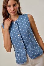 SO ME Polka Dot Jeans Weste Ärmellos Rundhals Knopf Wellensaum