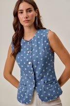 SO ME Polka Dot Jeans Weste Ärmellos Rundhals Knopf Wellensaum