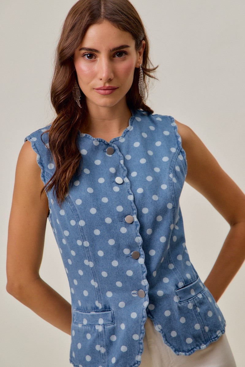 SO ME Polka Dot Denim Vest Top Sleeveless Round Neck Button Scallop Edge