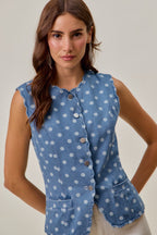 SO ME Polka Dot Jeans Weste Ärmellos Rundhals Knopf Wellensaum