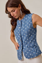 SO ME Polka Dot Jeans Weste Ärmellos Rundhals Knopf Wellensaum