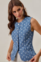 SO ME Polka Dot Jeans Weste Ärmellos Rundhals Knopf Wellensaum