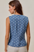 SO ME Polka Dot Jeans Weste Ärmellos Rundhals Knopf Wellensaum