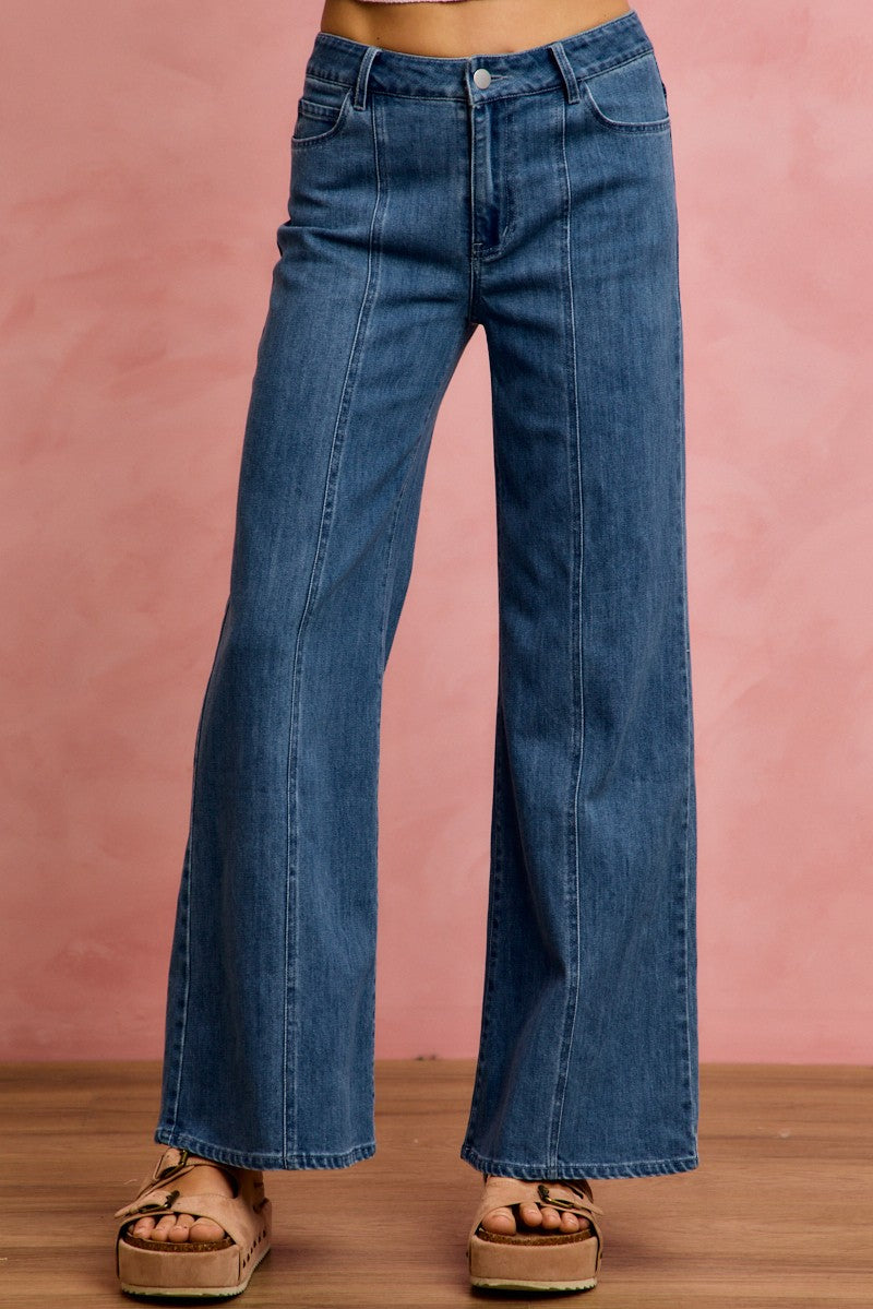 SO ME Casual Denim Jeans Wide Leg Seam Front Mid Rise Stretch Trousers