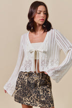 SO ME Off White Textured Cardigan V-Neck Tied Floral Long Sleeve Lightweight