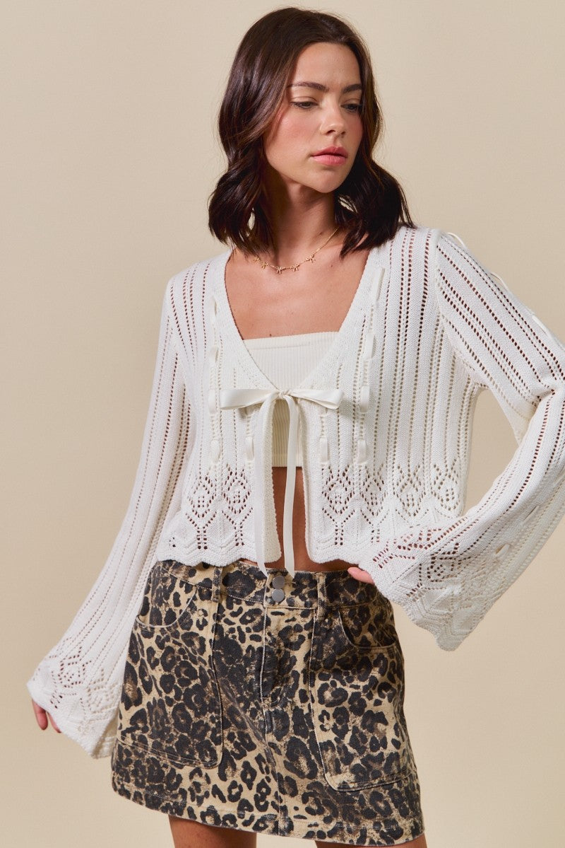 SO ME Off White Textured Cardigan V-Neck Tied Floral Long Sleeve Lightweight