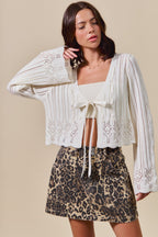 SO ME Off White Textured Cardigan V-Neck Tied Floral Long Sleeve Lightweight