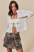 SO ME Off White Textured Cardigan V-Neck Tied Floral Long Sleeve Lightweight