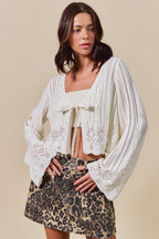 SO ME Off White Textured Cardigan V-Neck Tied Floral Long Sleeve Lightweight