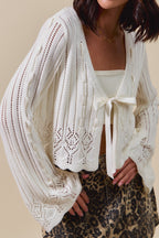 SO ME Off White Textured Cardigan V-Neck Tied Floral Long Sleeve Lightweight