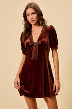 SO ME Velvet Mini Dress V-Neck Lace Trim Bow Short Puff Sleeves Ruffle