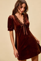 SO ME Velvet Mini Dress V-Neck Lace Trim Bow Short Puff Sleeves Ruffle