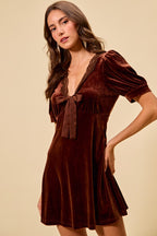SO ME Velvet Mini Dress V-Neck Lace Trim Bow Short Puff Sleeves Ruffle
