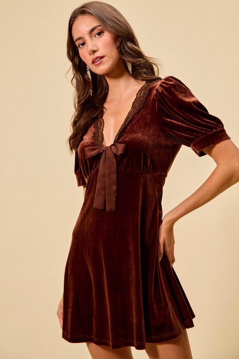 SO ME Velvet Mini Dress V-Neck Lace Trim Bow Short Puff Sleeves Ruffle