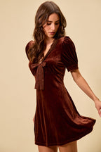 SO ME Velvet Mini Dress V-Neck Lace Trim Bow Short Puff Sleeves Ruffle