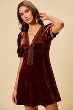 SO ME Velvet Mini Dress V-Neck Lace Trim Bow Short Puff Sleeves Ruffle
