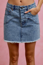 SO ME Denim Mini Skirt Floral Back Pockets Washed Raw Hem Casual Jean Skirts